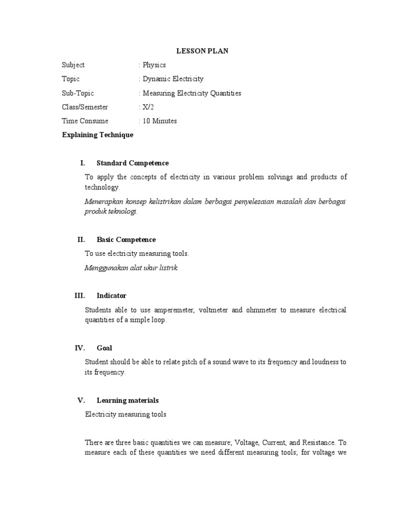 LESSON PLAN Multimeter PDF Voltage Electrical Resistance And Conductance