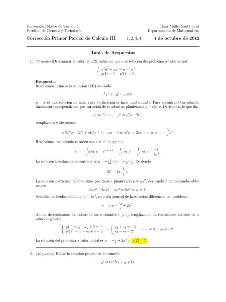 Corrección Primer Parcial Cálculo III, 4 de Octubre 2012 | PDF ...