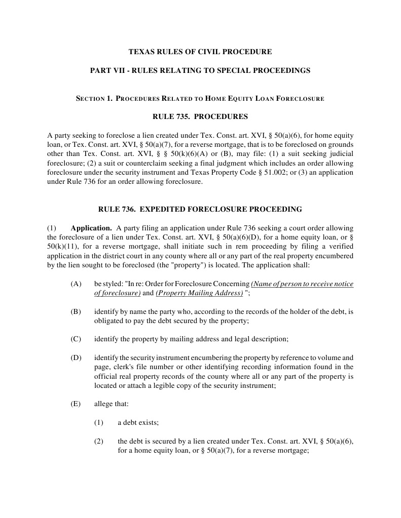 Rule 736: Texas Foreclosure Procedures | PDF | Lawsuit | Foreclosure