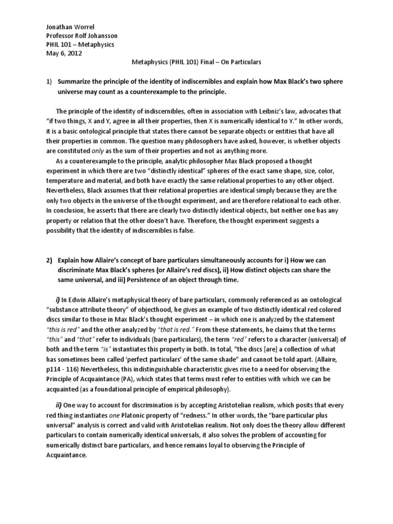 Metaphysics (PHIL 101) Final On Particulars PDF Substance Theory