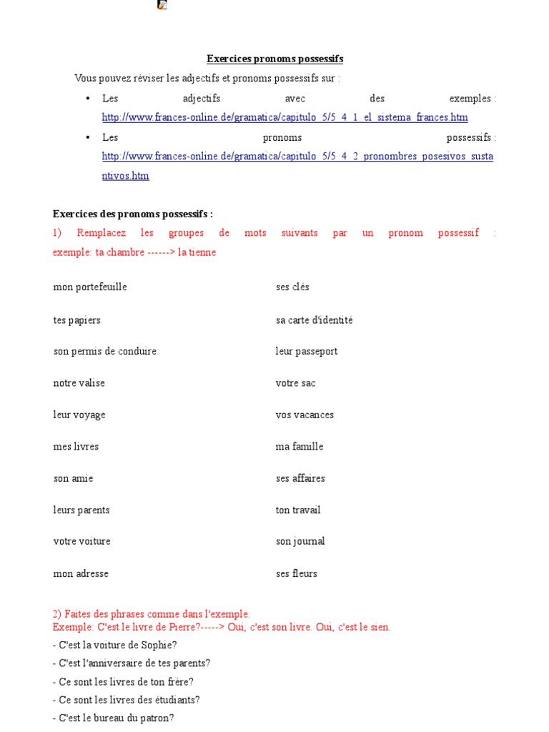 Exercice Anglais Adjectifs Possessifs Et Pronoms Personnels Pdf