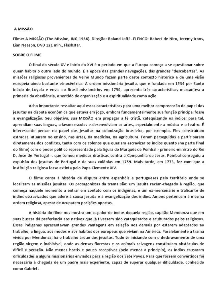 A MISSÃO Resumo Filme | PDF | Religião e crença