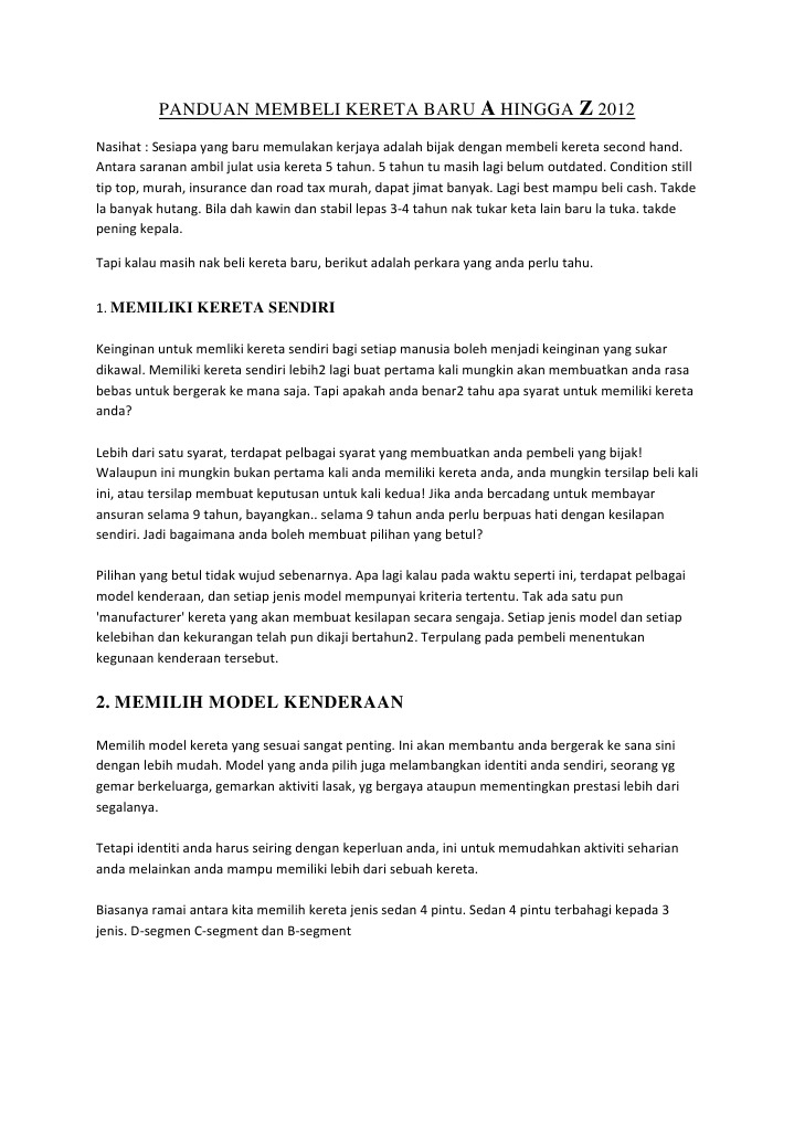 Panduan Membeli Kereta Baru A Hingga Z 2012 Pdf