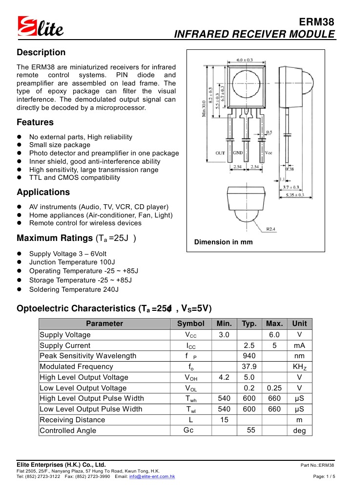 ERM38 Infrared Receiver Module Specs | PDF