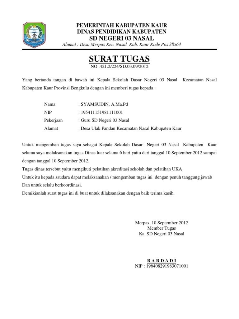 Contoh Surat Tugas Dinas Luar