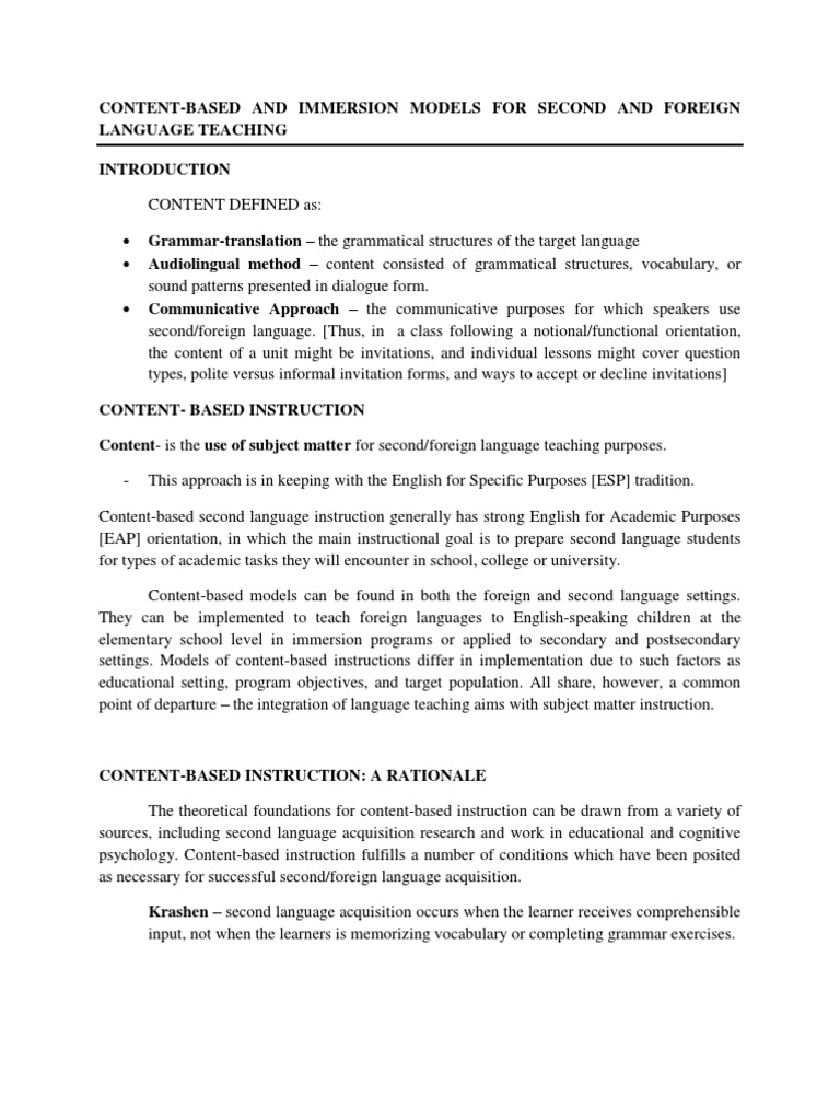 Content-Based Models in Language Teaching | PDF | Second Language ...