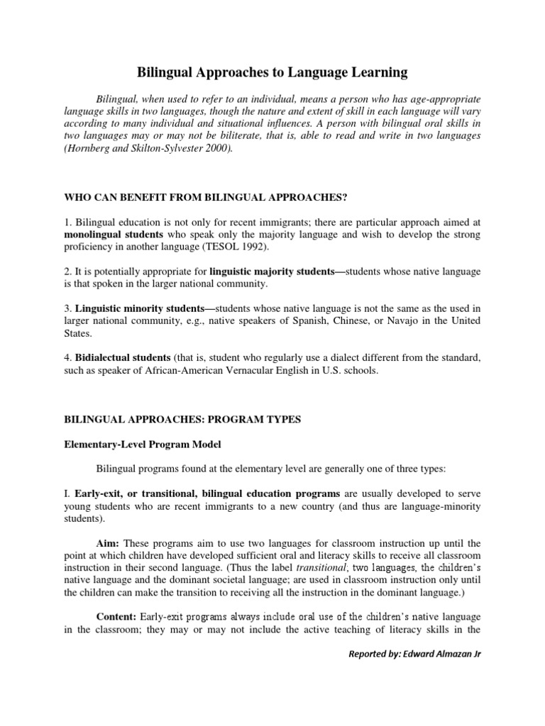 Bilingual Education Approaches Explained | PDF | Multilingualism ...