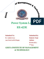 Power System Lab EE-423E: Geeta Institute of Management & Technology