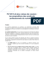PLF 2013 Et Plus-Values de Cession - Les Propositions Des Syndicats Professionnels Du Numérique