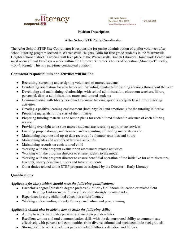Warrensville STEP Site Coordinator Job Description Tutor Literacy