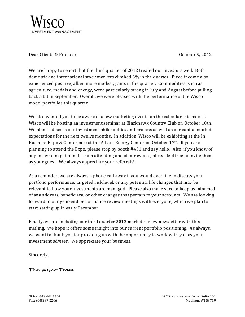 3Q12 Wisco Client Letter | PDF | Equity (Finance) | Investing