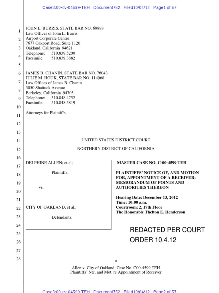 Motion To Place OPD Under Federal Receivership PDF Virtue Crime & Violence