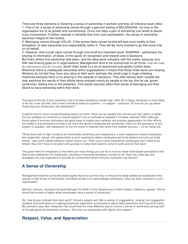 Sense of Ownership 1 Job Satisfaction Employment