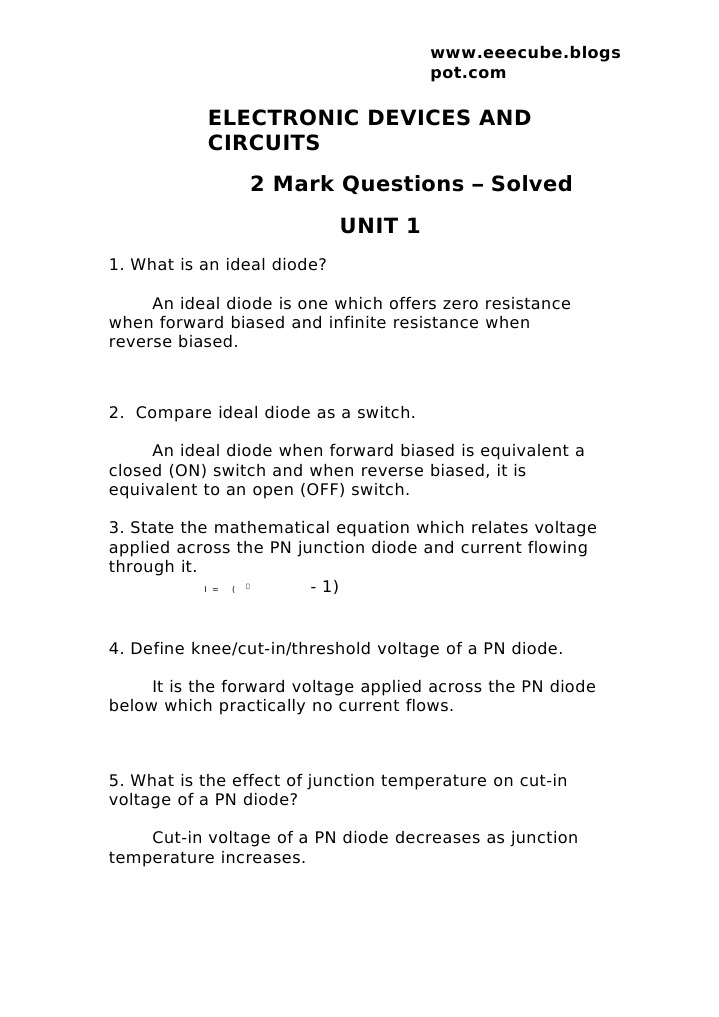 Electronic Devices and Circuits 2 Mark Questions Solved Unit 1 PDF