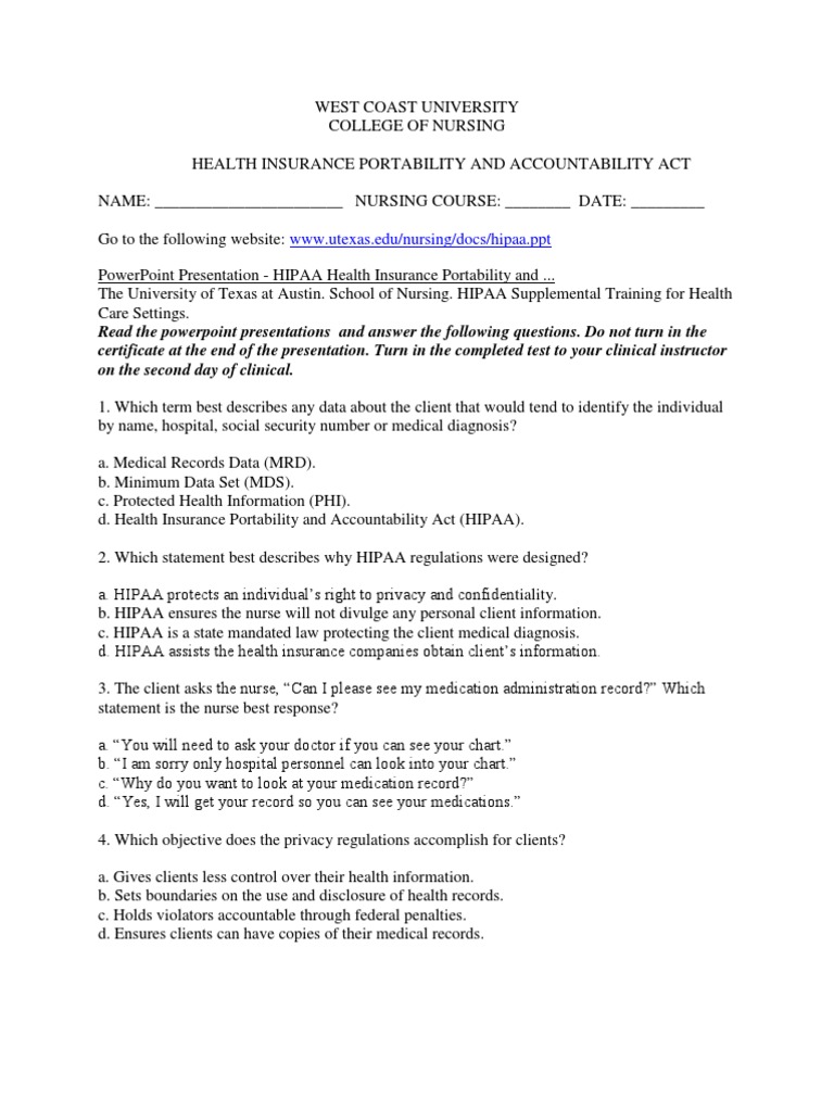 Hipaa Quiz PDF Health Insurance Portability And Accountability Act