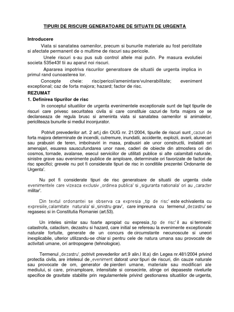 Tipuri de Riscuri Generatoare de Situatii de Urgenta | PDF