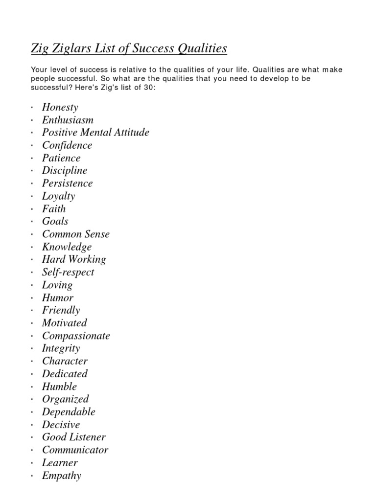 Zig Ziglar Success Qualities List PDF