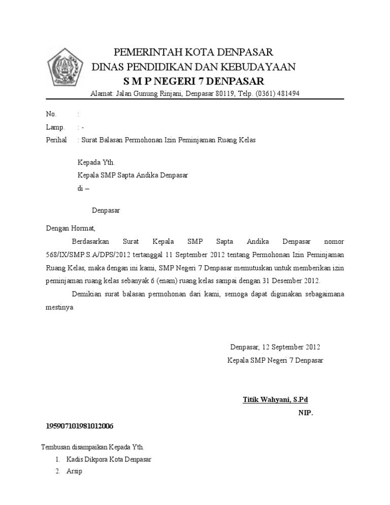 Surat Balasan Permohonan Izin Pinjam Kelas