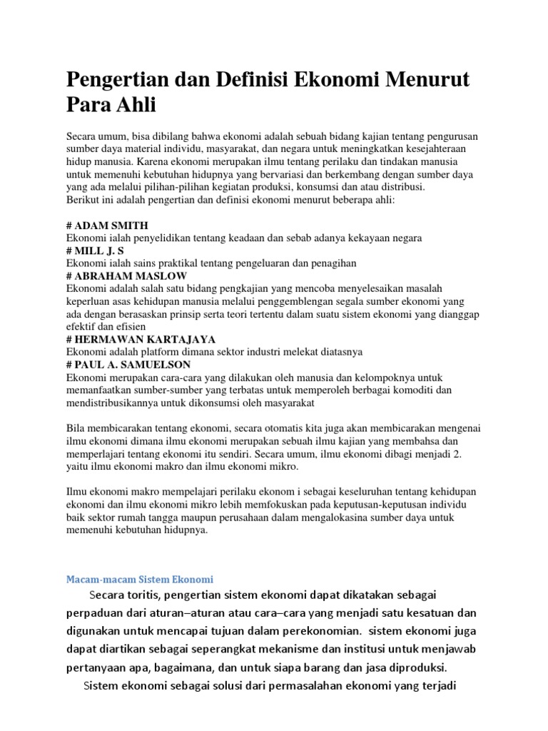 Pengertian Dan Definisi Ekonomi Menurut Para Ahli Pdf