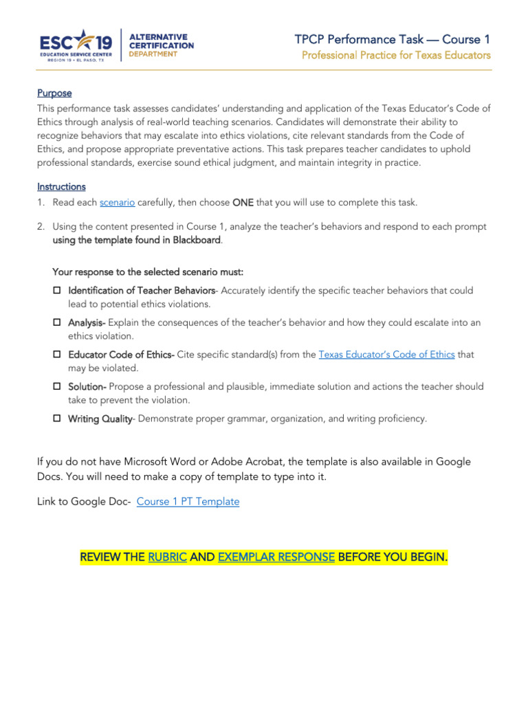Course 1 Perfomance Task Instructions | PDF | Teachers | Behavior