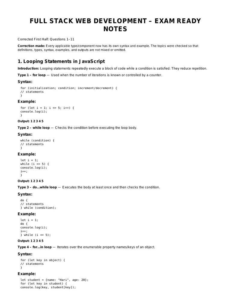 Full_Stack_Exam_Notes_First_Half_CORRECTED.pdf | PDF | Syntax | Java Script