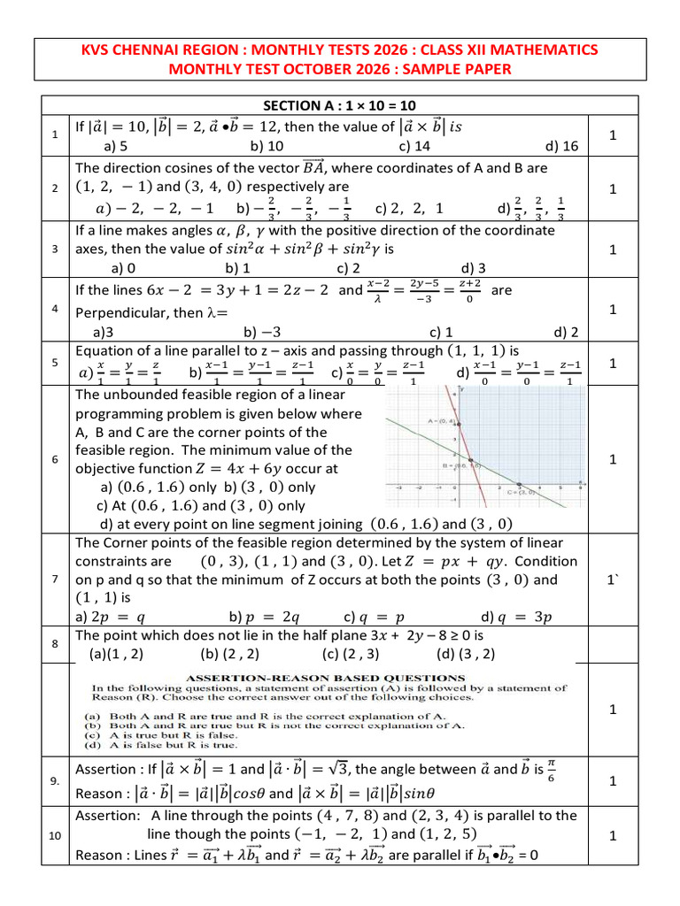 CLASS XII MATHS_OCTOBER 2026 MONTHLY TEST_SP.pdf | PDF | Line (Geometry ...