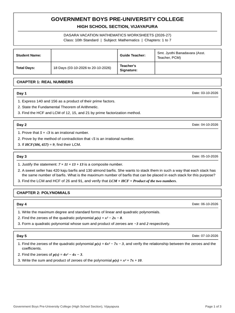 Dasara_Maths_Worksheet_Plain.pdf | PDF | Zero Of A Function | Equations