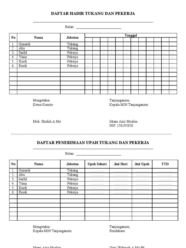Daftar Hadir Tukang Dan Pekerja