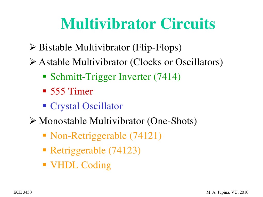 Multivibrator Circuits Bistable Multivibrator (FlipFlops) Astable Multivibrator (Clocks or
