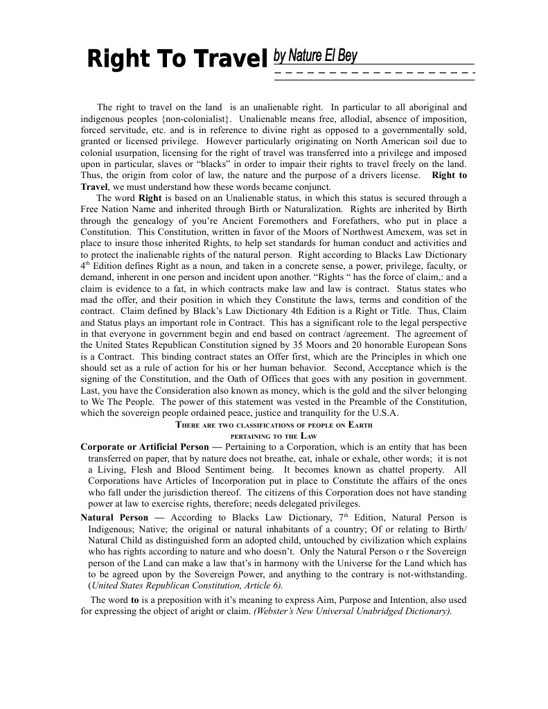 Right to Travel Natural And Legal Rights United States Constitution