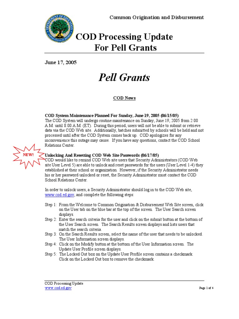 COD User Guide for Pell Grants | PDF | Pell Grant | Password