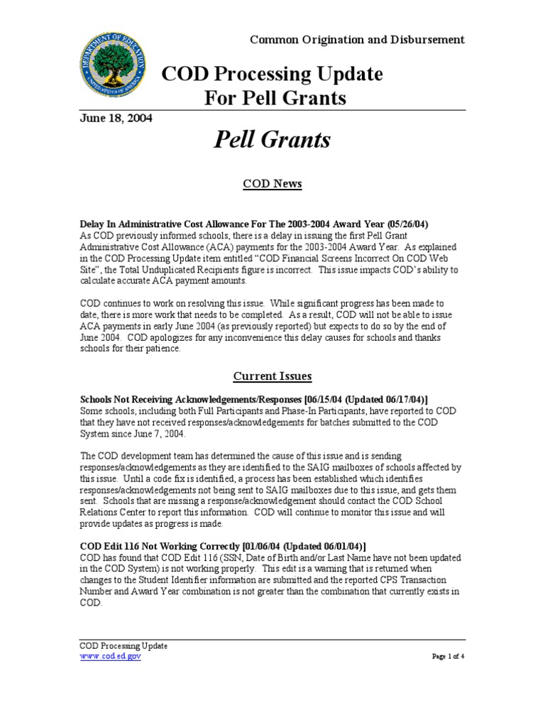 COD Processing Update for Pell Grants | PDF | Business