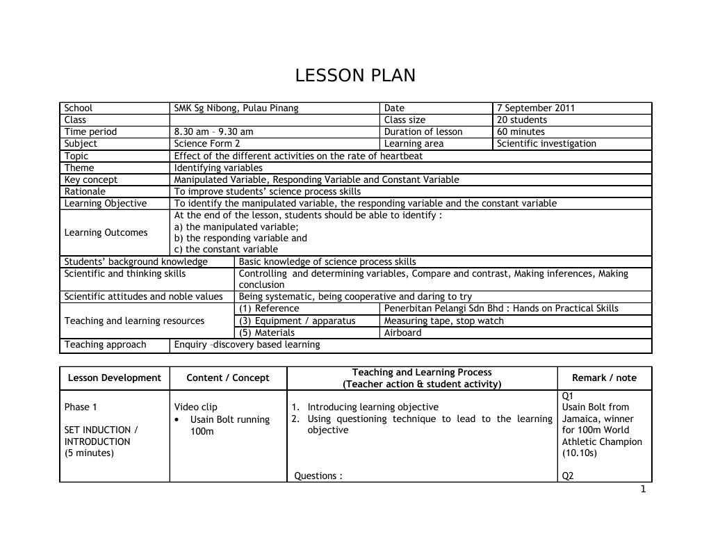 Contoh Lesson Plan Science Form 2 | PDF | Experiment | Lesson Plan