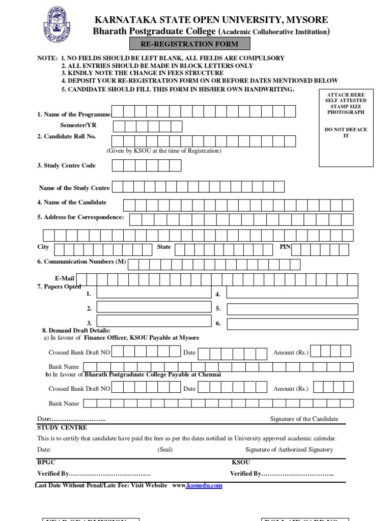 Ksou BPGC Re Regn & Exam Form PDF Postgraduate Education Business