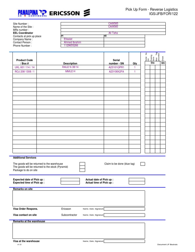 Reverse Logistics Pick Up Form | PDF | Technology & Engineering