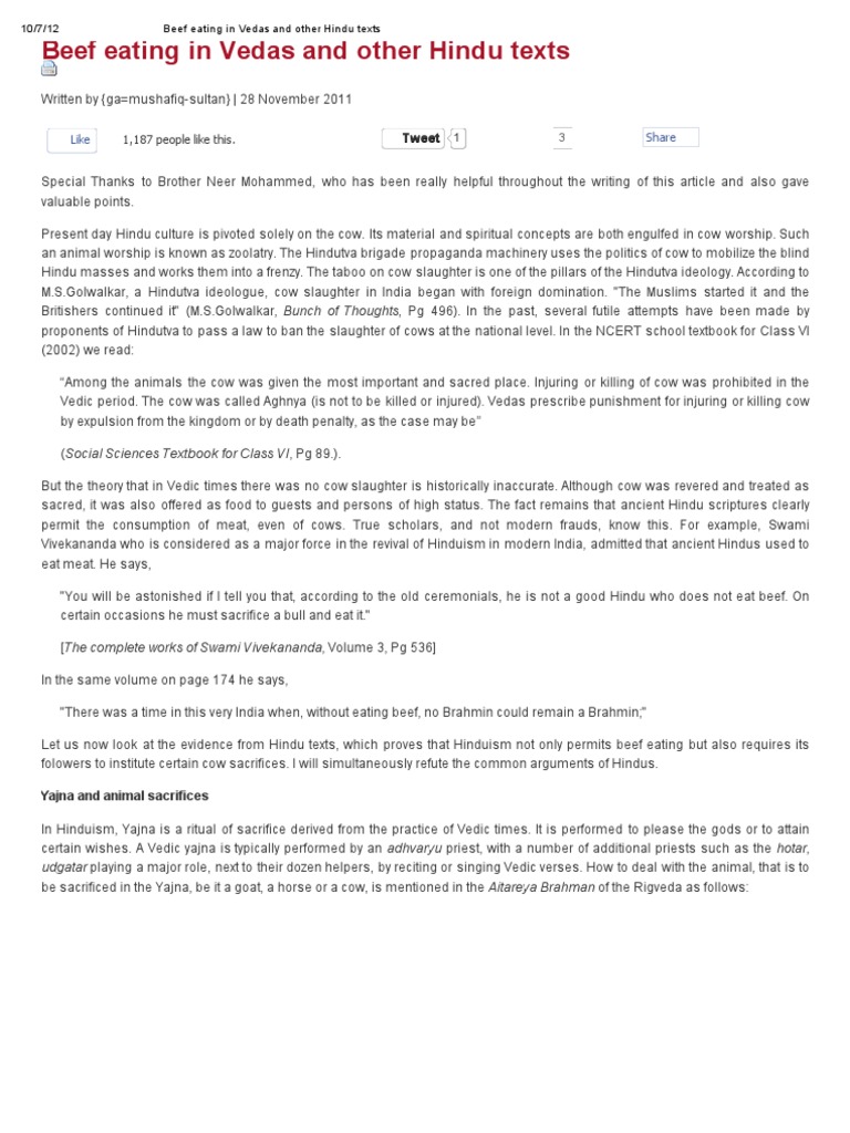 Beef Eating in Vedas and Other Hindu Texts PDF Vedas Sacrifice