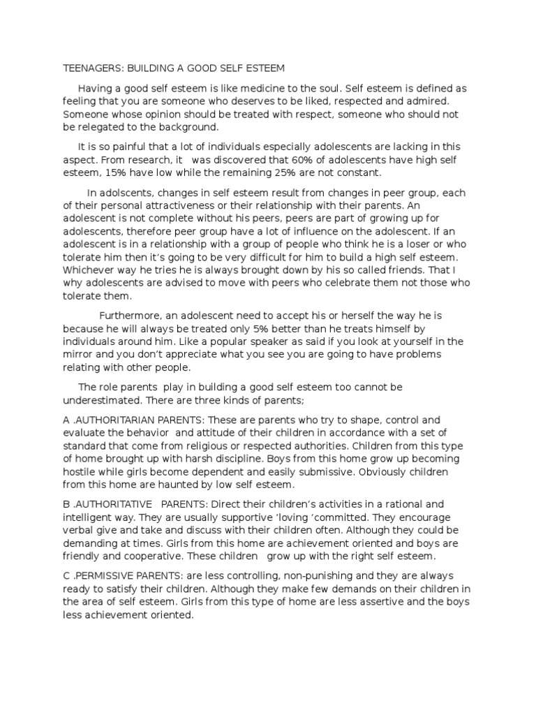 Teenagers Building A Good Self Esteem | PDF | Adolescence | Behavioural ...