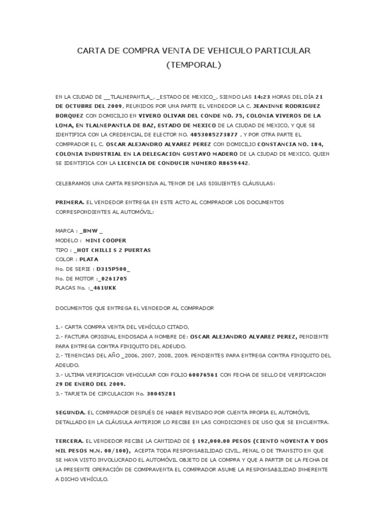 Carta de Compra Venta de Vehiculo Particular
