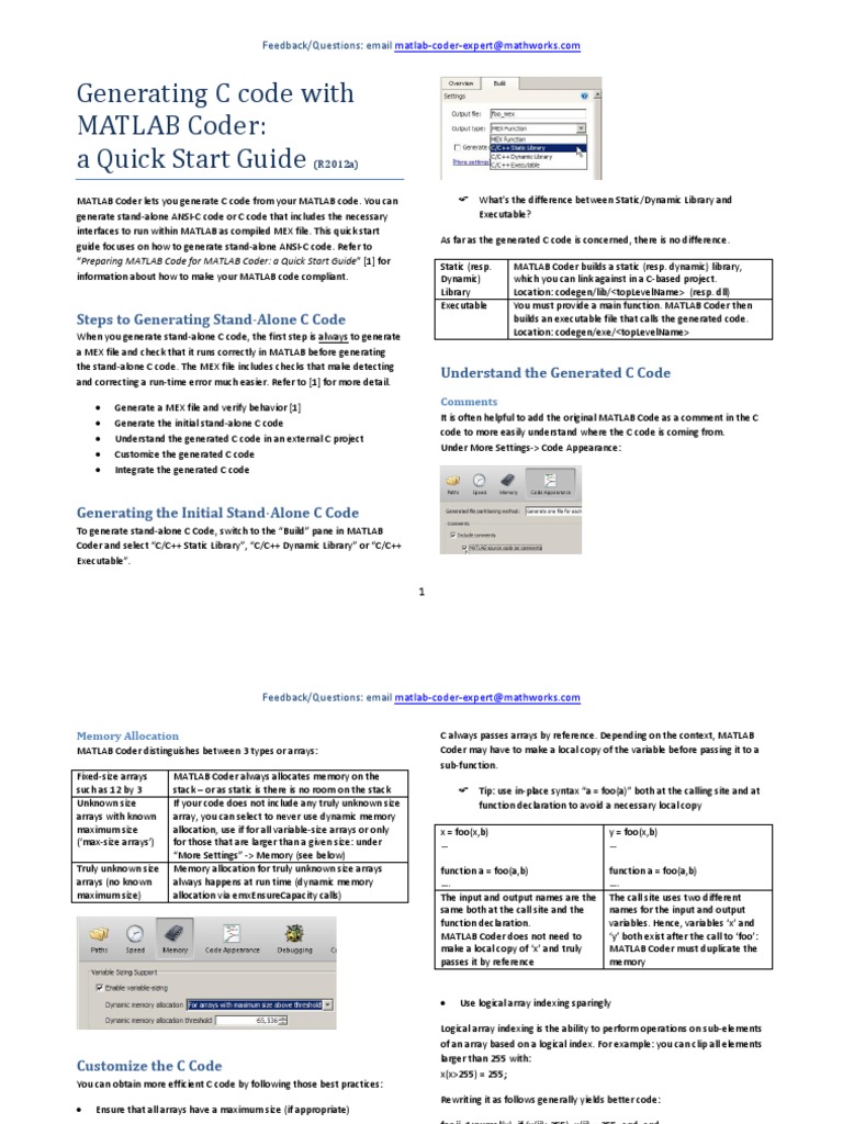 MATLAB Coder Code Generation Quick Start Guide | PDF | C (Programming ...