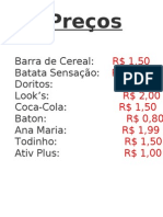 Preços de vendas guloseimas