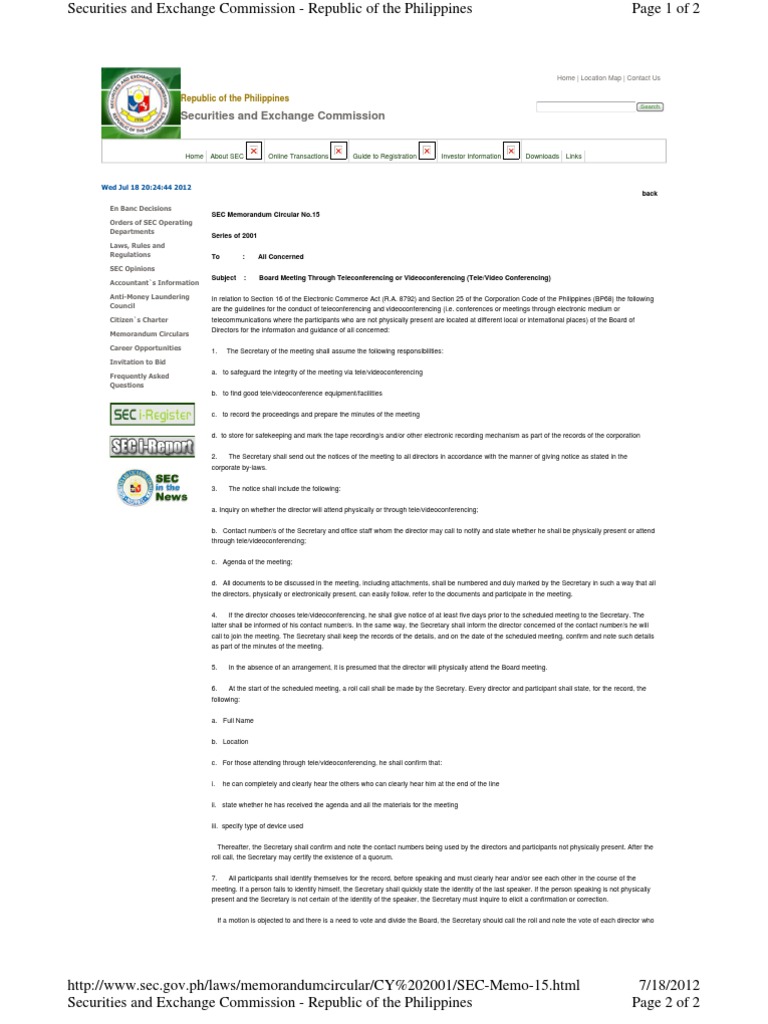 SEC Guidelines for Teleconferencing Meetings | PDF | Business | Law