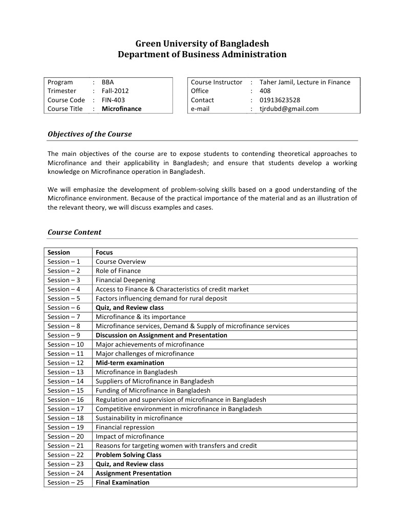 Course Outline Microfinance Pdf Microfinance Bangladesh
