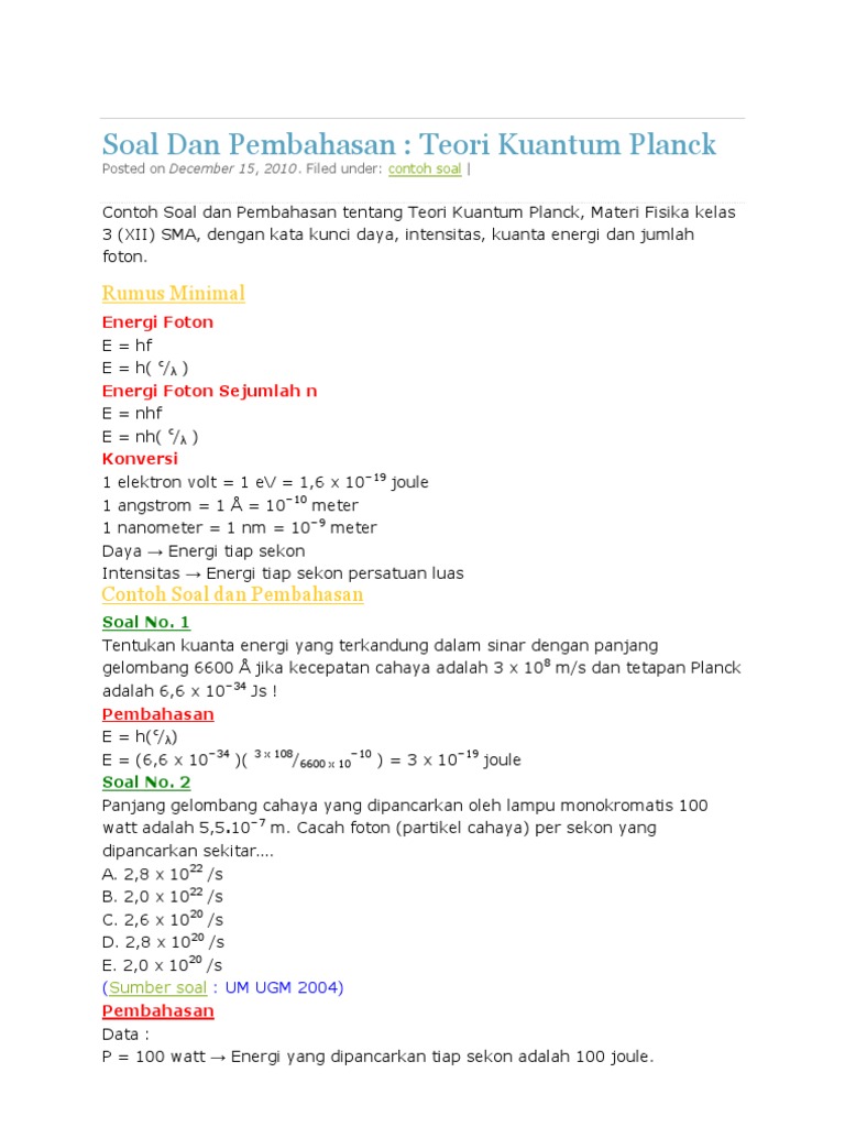 Soal Dan Pembahasan Teori Kuantum Planck