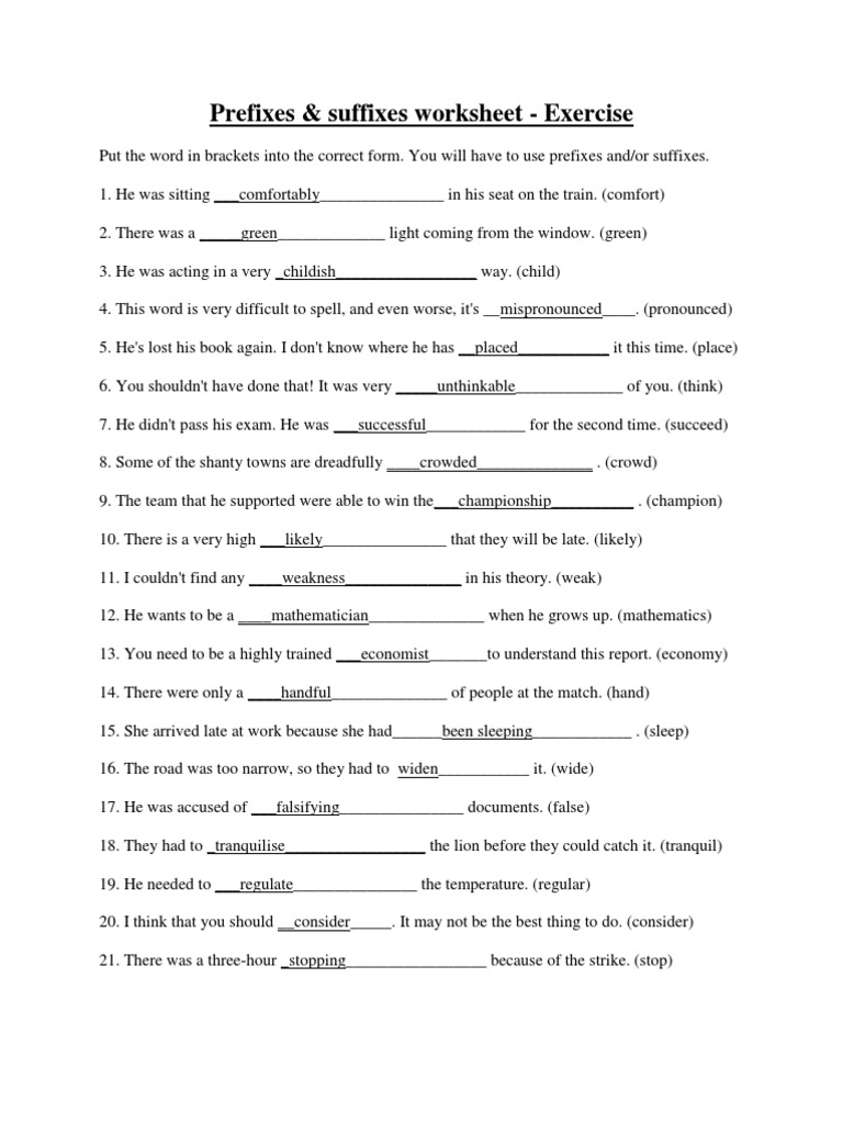 prefixesandsuffixes exercise answers pdf cognition