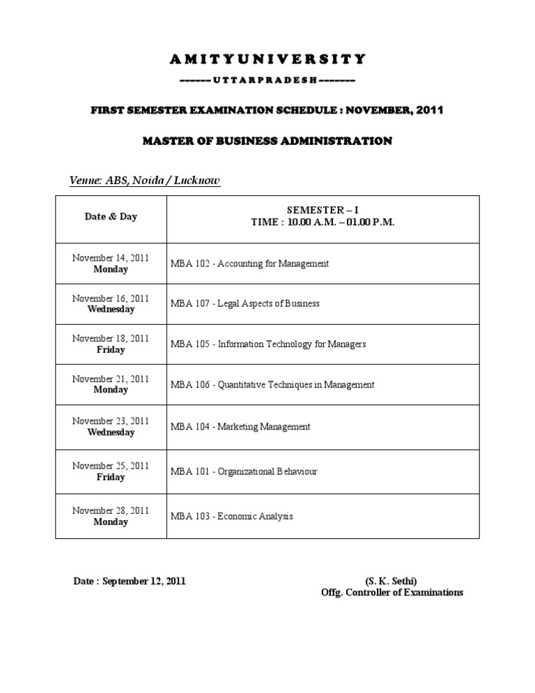 MBA First Semester Exam Schedule 2011 | PDF | Career & Growth | Art