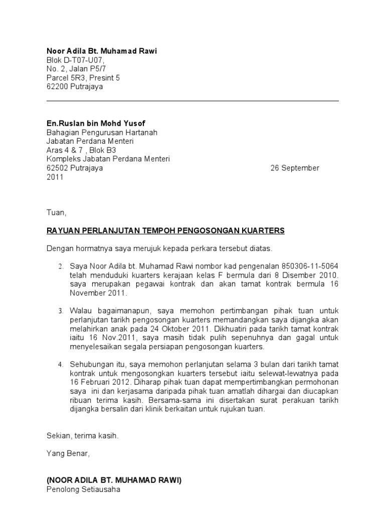 Contoh Surat Memohon Lanjutan Masa Kepada Lhd