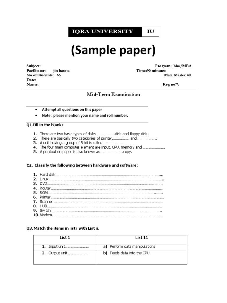 Iqra University BBA/MBA Entry Test Sample | PDF