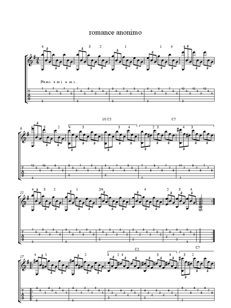Romance Anonimo - Guitar Notation &amp; Tab.
