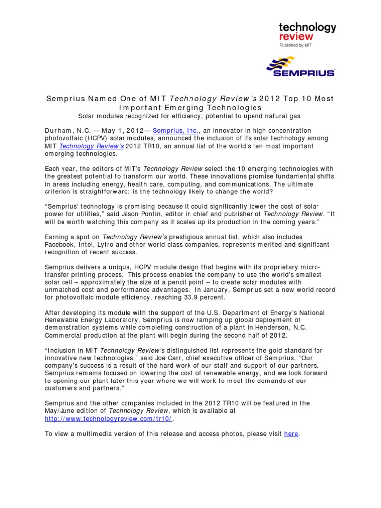 SEM MIT Top 10 Emerging Technology 04-30-12 | PDF | Technology ...