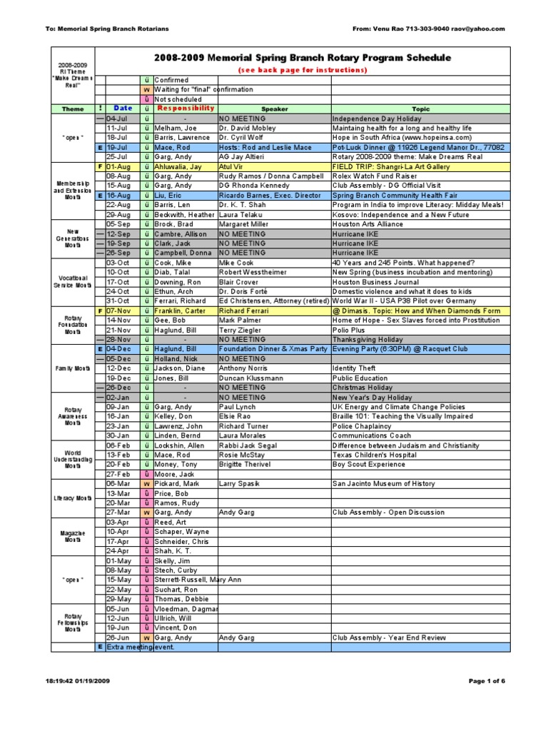 2008-2009 Memorial Spring Branch Rotary Program Schedule: (See Back ...
